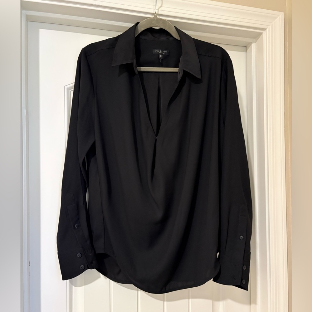 rag & bone Black Split-Neck Blouse Top Medium